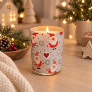 Stearinlys i glas med julemandsmotiv