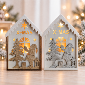 Håndlavet X-MAS-træhus med LED-lys